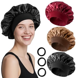 Bonnet De Nuit En Satin - 2 Pièces Avec élastique Large Et Chouchou - Pour Protéger Les Cheveux (noir)