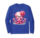 Blue Background, Cute Blue Octopus Daisy Flower Sunglasses Long Sleeve T-Shirt