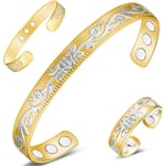 Kopparmagnetisk för kvinnor och män, ultratåliga magneter, 99,99 % massivt rent koppararmband, magnetisk fältterapi (guld- och silverblomma)
