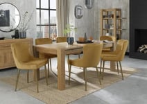 Bentley Designs Turin Light Oak 6-10 Seater Extending Dining Table with 8 Cezanne Mustard Velvet Chairs - Gold Legs