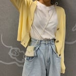 Female Knit Cardigan Sweater Coat Short Knitted Jacket Yellow One Size