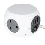 STATUS 3 Way Cube Socket with 3 USB Ports - White - 1.4m - S3W1.4M3XUSB1PK6