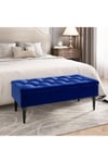Blue Buttoned Tufted Velvet Storage Ottoman Bench with Rubberwood Legs Luxury Bed End Stool