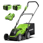 Greenworks 40V Cordless Lawnmower for Lawns up to 400m², 35cm Cutting Width, 40L Bag PLUS Two 40V 2Ah Batteries & One Charger, 3 Year Guarantee-G40LM35K2X, Green