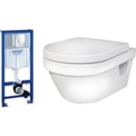 Komplet pakke med Gustavsberg Hygienic Flush væghængt toilet, GROHE cisterne trykknap og softclose sæde