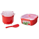 Sistema Microwave Rice Cooker, 2.6 L - Red/Clear & Microwave Large Steamer with Removable Steamer Basket, 3.2 L - Red/Clear
