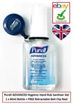 1x Purell ADVANCED Hygienic Hand Rub 60ml Sanitiser Gojo 9650 + Belt Clip Reel