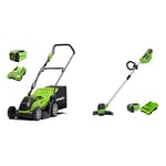 Greenworks Battery-Powered Lawnmower G40LM35K (Li-Ion 40V 35cm Cutting Width Up to 200m² Mowing Area) & Battery Lawn Trimmer G40LTK2 (Li-Ion 40 V 30 cm Cutting Width 7000 RPM)