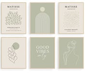 Sage Green Matisse Wall Art Prints, Abstract Matisse Wall Art Exhibition Posters, Minimalist Women Body Line Art Leaf Boho Art Prints, Gallery Wall Decor（8x10inch, Unframed