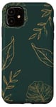 iPhone 11 Leaves Botanical Floral Line Art On Dark Forest Green Case