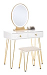 Coiffeuse design - miroir led intégré - 2 tiroirs + 1 organisateur - tabouret inclus - métal noir mdf banc doré - Blanc
