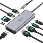 Docking Station d'accueil USB C Dual HDMI, Adaptateur Hub USB C Multiport 9 en 1 vers 4K HDMI, 5 Gbit/s USB C/A 3.0, USB 2.0, PD100W, Ethernet RJ45, SD/Micro SD Lecteur de Cartes pour Dell HP