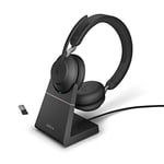 Jabra Evolve2 65 Wireless PC Headset with Charging Stand – Noise Cancelling Microsoft Teams Certified Stereo Headphones With Long-Lasting Battery – USB-A Bluetooth Adapter – Black