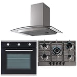 SIA Black 60cm Single True Fan Electric Oven, 70cm Gas Hob And Curved Glass Hood
