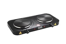 Zuvo 2000W Stainless Steel Double Hot Plate Ring Stove Hob - Portable & with Adjustable Thermostat - Cast Iron Heating Plate Black 25.8