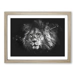 Lion With Piercing Eyes Paint Splash Modern Art Framed Wall Art Print, Ready to Hang Picture for Living Room Bedroom Home Office Décor, Oak A3 (46 x 34 cm)