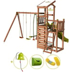 Soulet - Aire de jeux pour enfant 2 tours avec portique et mur d'escalade - funny Swing & Climbing 150 - Marron