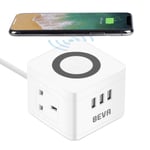 Cube Extension Lead with USB, 2 Way Power Strip + 3 USB Slots with wireless charger, BEVA UK Power Socket Desktop charging station, 1.5M Extension Cords for Home, Office,Travel, White