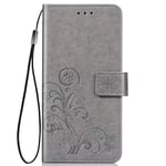 JIAFEI Case Compatible for Nokia 3.4, Four Clover Embossed Premium PU Leather Flip Wallet Cover with Bracket Stand/Card Slot Features, Gray
