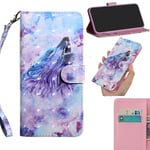 DodoBuy 3D Case for Huawei Y8p, Flip Wallet Phone Cover PU Leather with Card Slots Kickstand Magnetic Closure Wrist Strap - Wolf