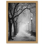 Snow Covered Street in the Misty Glow of Light Posts Atmospheric Black and White Photograph Winter Scene Artwork Framed Wall Art Print A4