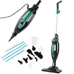 Salter SAL01369 14 in 1 Steam Cleaner, Upright Floor Steamer for Carpets, Hard Floors, Handheld Sanitising Steaming Clothes, 1300 W, Versatile Chemical Free Cleaning, Two Microfibre Pads, Black/Green