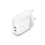 Belkin BoostCharge dual USB-C plug with PPS, 60W phone charger for iPhone 15 and other, iPad, Samsung Galaxy, Google Pixel, MacBook - compatible w/ USB-C to lightning cable & USB-C to USB-C - white