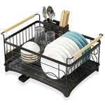 BRIAN & DANY Dish Drying Rack with Drip Tray, Stainless Steel Dish Drainer with Wooden Handles and Removable Cutlery Holder, 47× 32× 23 cm, Black
