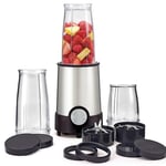 BELLA Personal Size Rocket Blender, Perfect for Smoothies, Shakes and Healthy Drinks, Easy Grinding, Chopping and Food Prep, 285 Watt Power Base, 12 Piece Blending Set, Stainless Steel & Black