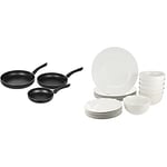 Amazon Basics Non-Stick 3-Piece Frying Pan Set, Sizes 20 cm, 25 cm and 30 cm & Amazon Basics Tableware Set