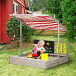 Kids Wooden Sandpit, Children Sandbox with Adjustable Canopy, Two Bench Seats