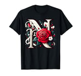 Red Rose Roses Flower Floral Design Monogram Letter N T-Shirt