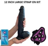 Dildo BIG GIRTHY 12 Inch Realistic Black Suction Cup STRAP-ON KIT Purple Harness
