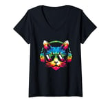 Womens Cat With Headphones Tie Dye - Vintage Cat Kitten Music Lover V-Neck T-Shirt