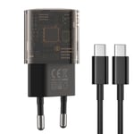 XO CE05 Power Delivery 30W Väggladdare med USB-C & USB-A - inkl. USB-C-kabel (1M) - Svart / Genomskinlig