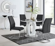 Giovani Round 4 Seat 100cm White High Gloss Unique Halo Base Grey Glass Top Dining Table 4 Soft Faux Leather Lorenzo Chairs