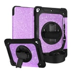 FANSONG iPad 9th 8th 7th Case, Cover for iPad 10.2 inch Kids Glitter with 360° Stand Handle Shoulder Strap Smart Cover Sleep/Wake Shockproof Heavy for Apple iPad 9 2021 8 2020 7 2020 (Purple)