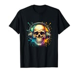 Skull With Headphones Rock Music Colorful Graphic T-Shirt