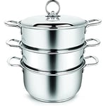 Penguin Home 3 Tier Stainless Steel 20 cm Steamer Pan Set, Induction Safe Stainless Steel Lid with Knob, Sturdy Steel Handles, Kitchen Pan Steamer Set for Cooking