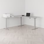Höj och sänkbart hörnskrivbord, vänstersvängt, grått stativ, grå bordsskiva 180x200cm
