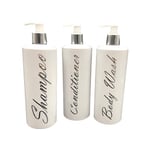 3 x Mrs Hinch PET Empty Refillable Bottles Shampoo Body Wash Shampoo 500ml With Lotion Tops For Soap Gel Liquid (Silver Writing)
