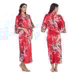 Kvinnors lyxiga mjuka siden satin kimono morgonrock lång badrock nattkläder nattlinne Red XL