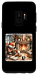 Galaxy S9 Fox Reads By Fireplace In Cabin. Rustic Book Cozy Cup Tea Case