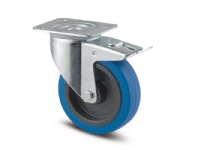 Drejeligt hjul m/ bremse, blå elastisk gummi, Ø100 mm, 160 kg, rulleleje, med plade Byggehøjde: 128
