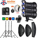 UK 3*Godox SK300II 300W 2.4G Flash+Grid bowens softbox light stands+X2T Trigger