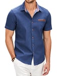 COOFANDY Chemise Homme Manches Courtes Chemise en Jean d'Été Légère Décontractée en Coton Style Western Cowboy Business Casual Chemises Denim Élégante Regular Fit Bleu-B XXL