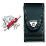 Victorinox Swiss Champ Swiss Army Knife, Medium, Multi Tool, 33 Functions, Blade, Scissors, Red & Leather Pouch for Swiss Army Pocket Knives, 3,5cm x 10cm, Black, L