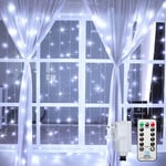 Ollny Curtain Lights Plug in, 3m x 3m 300 LED Christmas Curtain Fairy Lights Outdoor 8 Modes Remote Cool White Waterfall Hanging Lights Mains Powered for Wall Bedroom Indoor Gazebo Party Decorations