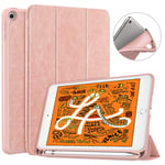 Dadanism iPad Mini 5 Case 2019 with Pencil Holder, [Strong Protection] Ultra Slim Lightweight Soft TPU Back Trifold Stand Smart Cover Fit New iPad Mini 5th Gen 7.9", Rose Gold (Auto Sleep/Wake)