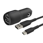 Car Charger 2 USB 24W Ports and USB-C Cable 1m Compact Belkin Black